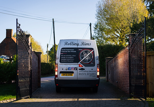 Rolling Rims Collection & Delivery van reversing into a customers drive to collect their alloy wheels